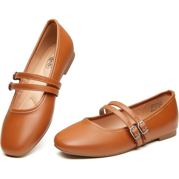 Trary Women Brown Polyurethane (PU) Square Toe Slip On Buckle Strap Ballet Flats - Picture 1 of 7